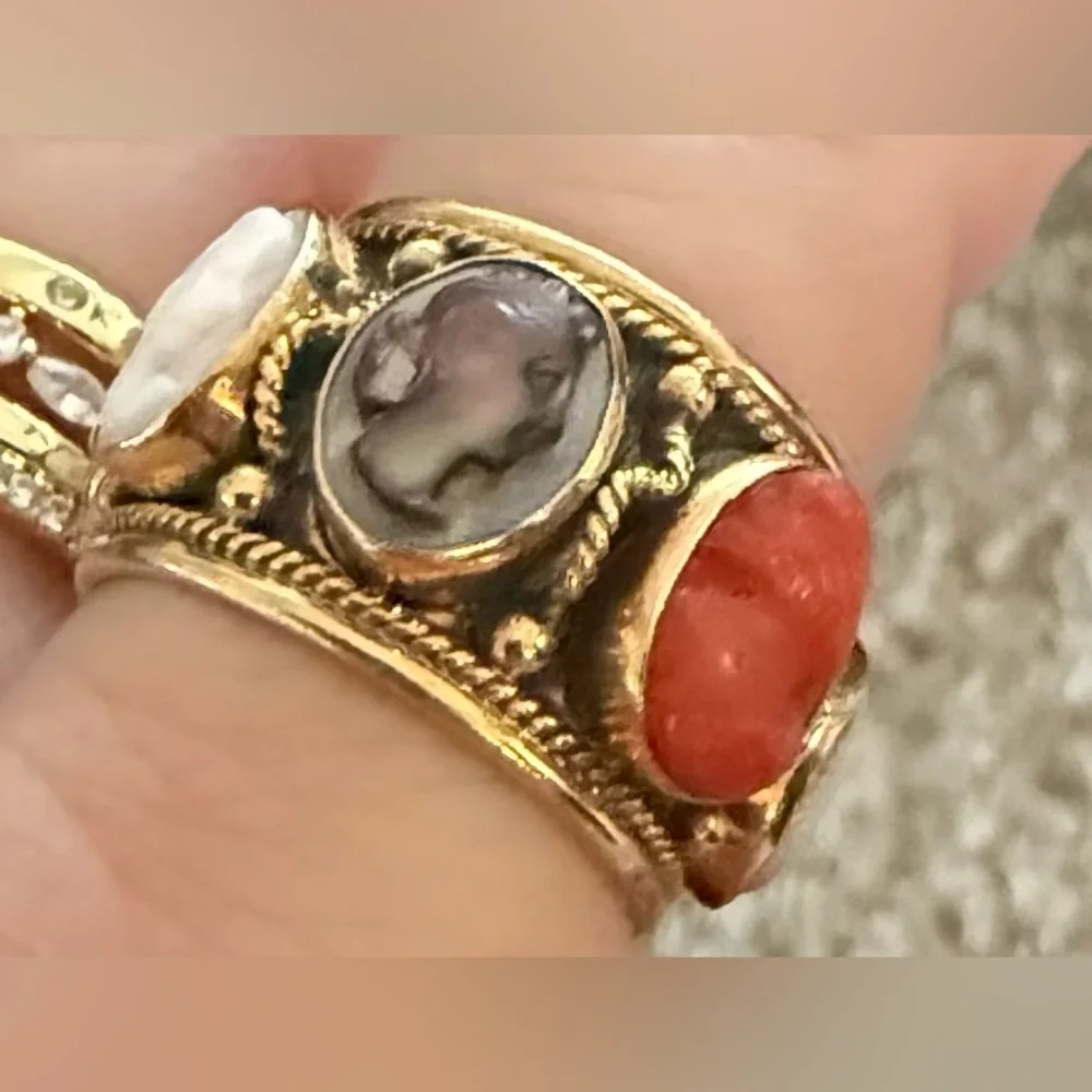 14k Cameo shell Eternity Wide Band Ring Size 8 multi color estate jewelry